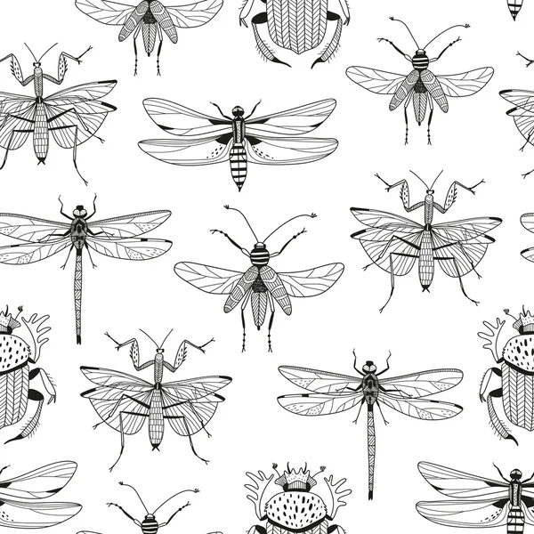 Modèle sans couture vectoriel avec divers insectes dessinés à la main — Image vectorielle