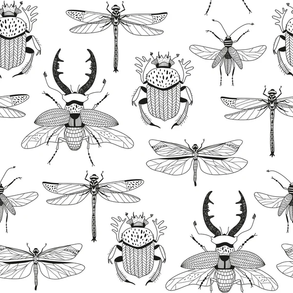 Modello vettoriale senza soluzione di continuità con vari insetti disegnati a mano Illustrazione Stock