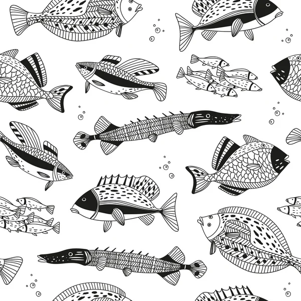 Vector patrón sin costura con peces dibujados a mano — Vector de stock