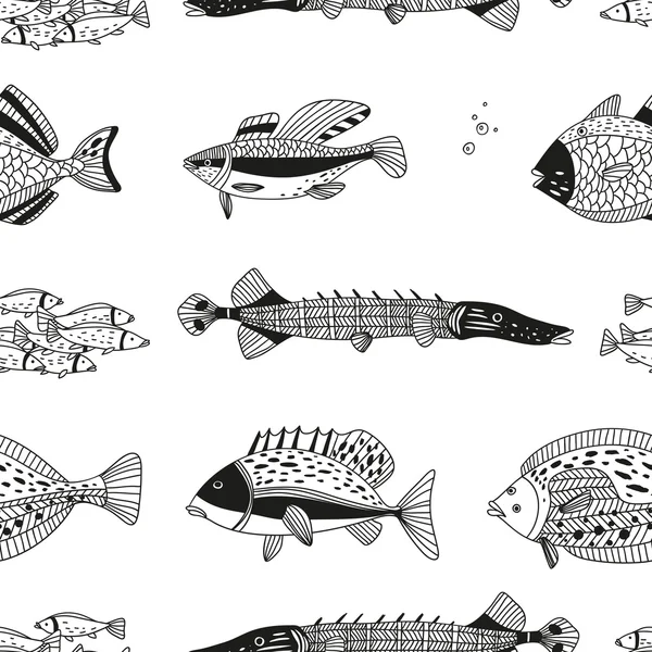 Vector patrón sin costura con peces dibujados a mano — Vector de stock
