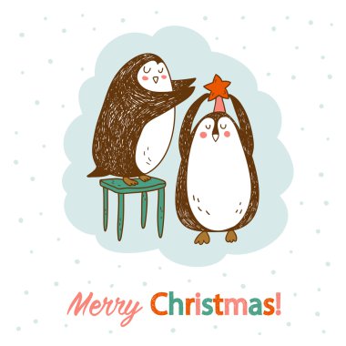 vektör el iki sevimli penguenler ile çizilmiş kartpostal