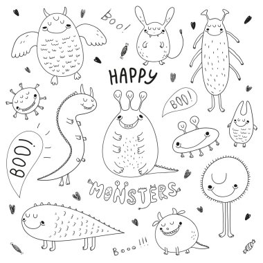 vecor halloween set with happy hand drawn monsters clipart