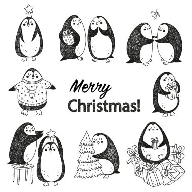 Noel Kartpostalı sevimli penguenler ile vektör