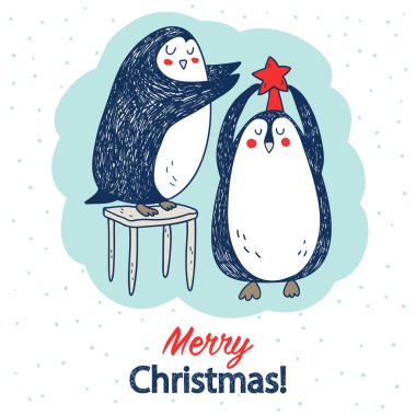 vektör el iki sevimli penguenler ile çizilmiş kartpostal