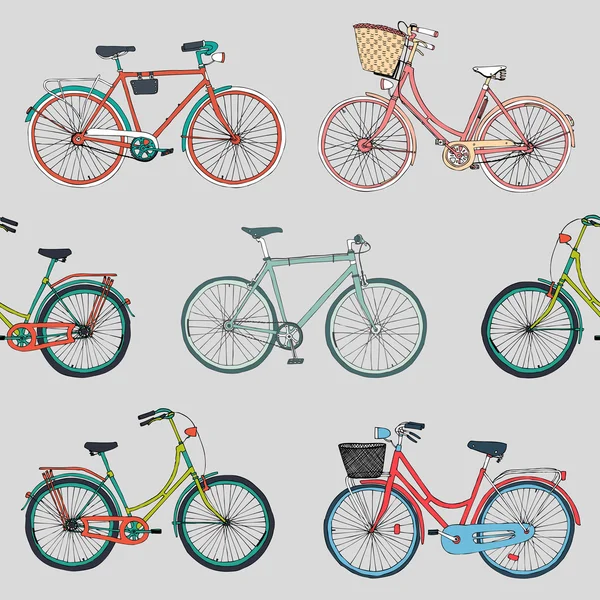 Motif sans couture vectoriel dessiné à la main avec des vélos de ville — Image vectorielle