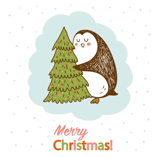 Vektor-Postkarte mit einem Pinguin, der den Weihnachtsbaum umarmt — Stockvektor