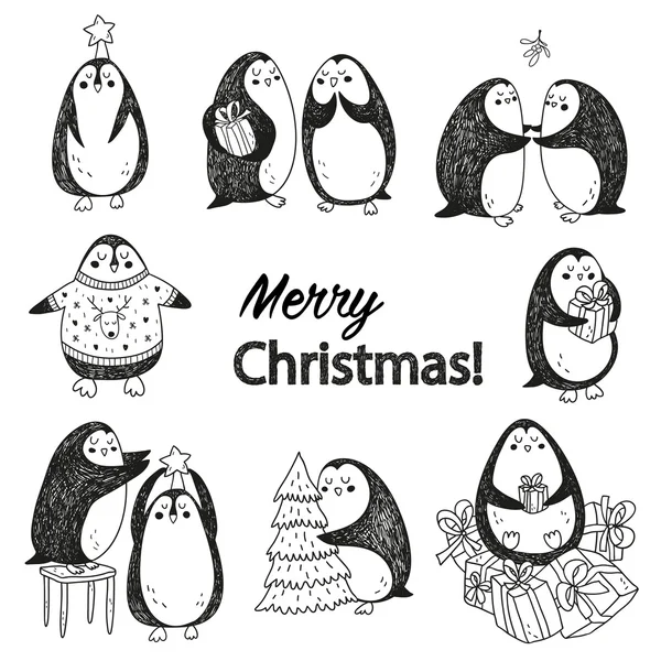 Vetor cartão postal de Natal com pinguins bonitos —  Vetores de Stock