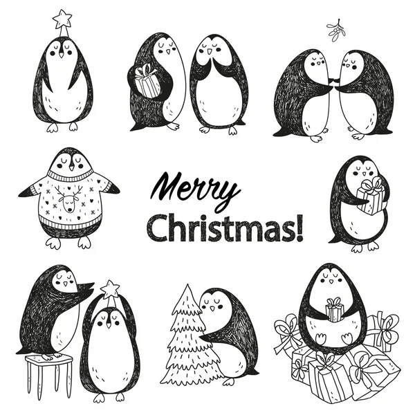 Kartu pos vector Christmas dengan pinguin lucu - Stok Vektor