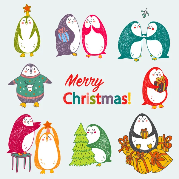 Vetor cartão postal de Natal com pinguins bonitos — Vetor de Stock