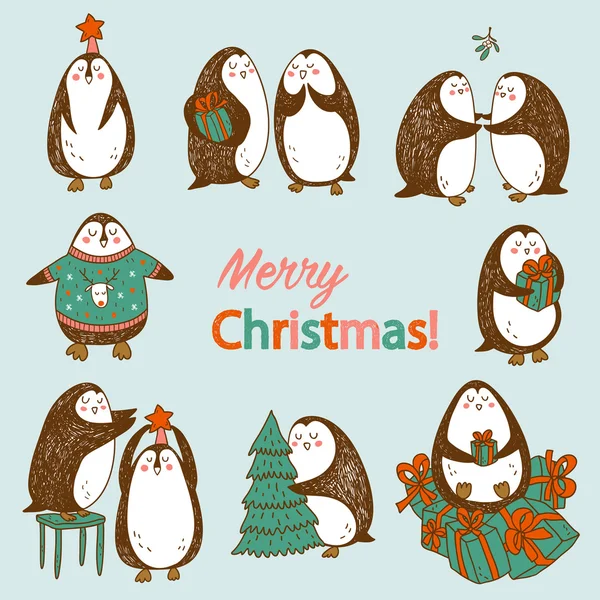 Vector postal de Navidad con pingüinos lindos — Vector de stock