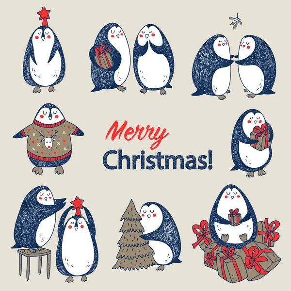 Vetor cartão postal de Natal com pinguins bonitos — Vetor de Stock