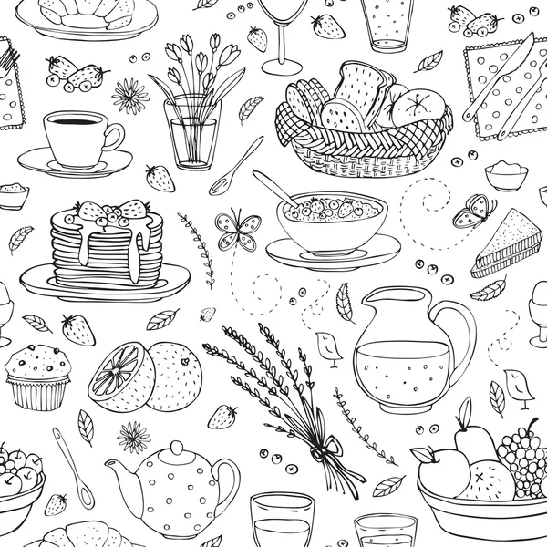 Vector seamless pattern with various breakfast items — Stock Vector