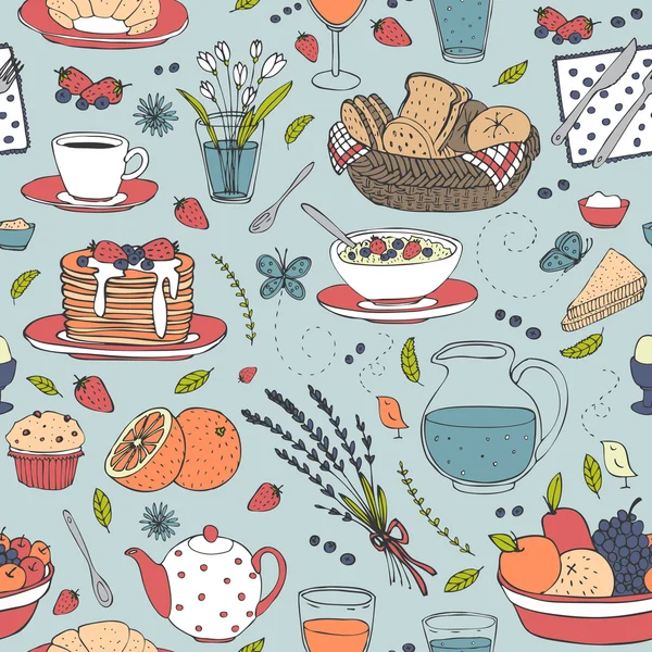 Vector seamless pattern with various breakfast items — Stock Vector