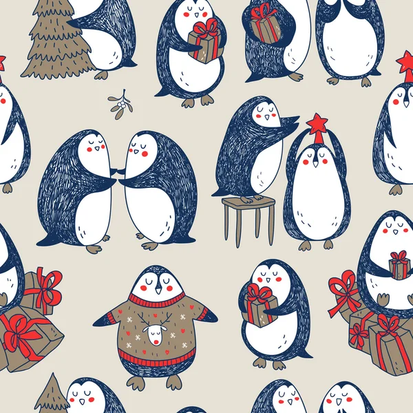 Vetor de Natal sem costura padrão com mão desenhada pinguins — Vetor de Stock