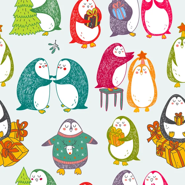 Vector christmas seamless pattern with hand drawn penguins — Stock Vector