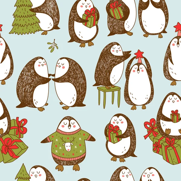 Vetor de Natal sem costura padrão com mão desenhada pinguins —  Vetores de Stock