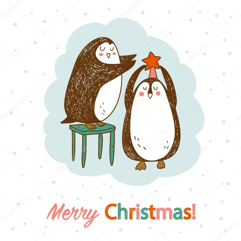 vector hand drawn postcard with two cute penguins