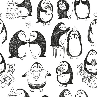 elle çizilmiş penguenlerle Noel Dikişsiz desen vektör