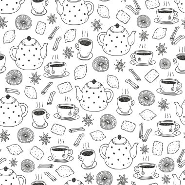 vector hand drawn seamless pattern with tea set 