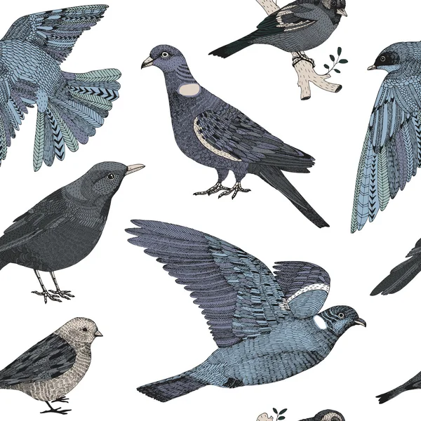 Vecteur dessiné à la main motif sans couture avec des oiseaux de la ville — Image vectorielle