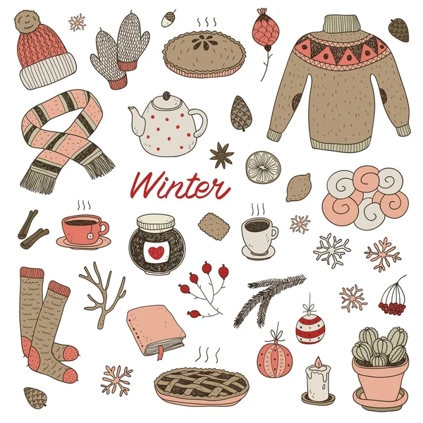 Mano dibujado lindo vector invierno conjunto — Archivo Imágenes Vectoriales