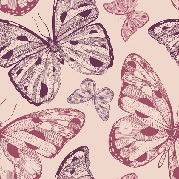 Vector dibujado a mano patrón sin costura con mariposas — Vector de stock