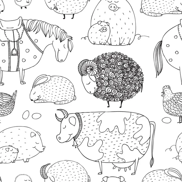 Vector hand drawn seamless pattern with cute farm animals — Wektor stockowy