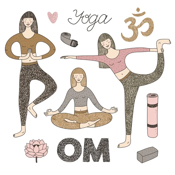 Vector hand drawn set with cute girls doing yoga — Stockový vektor