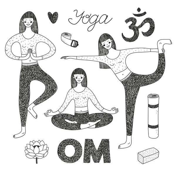 Vector hand drawn set with cute girls doing yoga — Stockový vektor