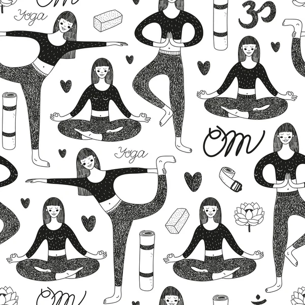 Vector seamless pattern with cute girls doing yoga — Stockový vektor