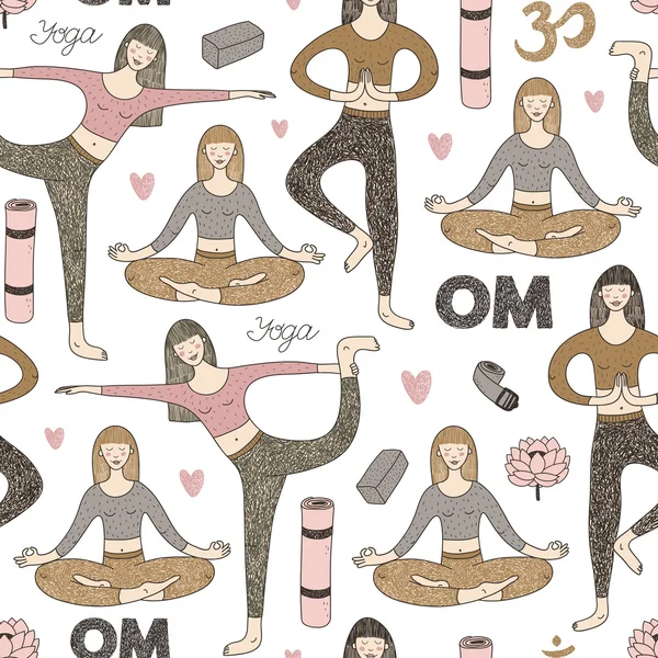 Vektor nahtlose Muster mit niedlichen Mädchen beim Yoga — Stockvektor