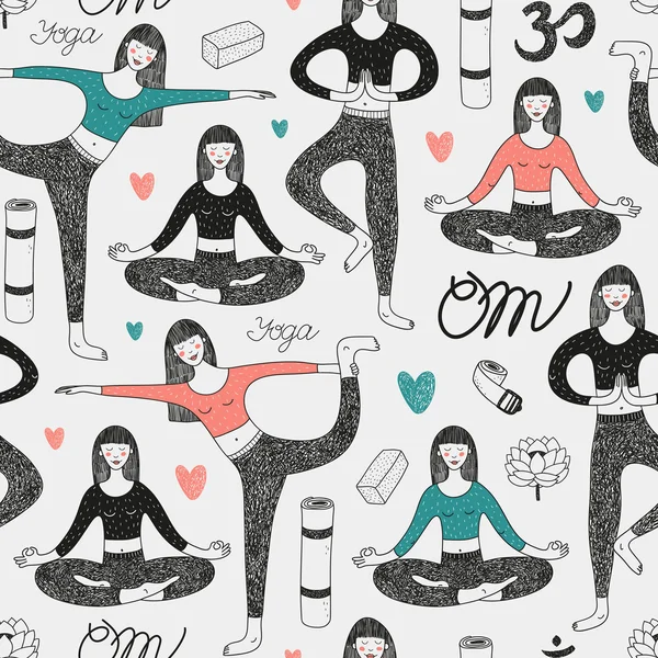 Vector seamless pattern with cute girls doing yoga — Stockový vektor