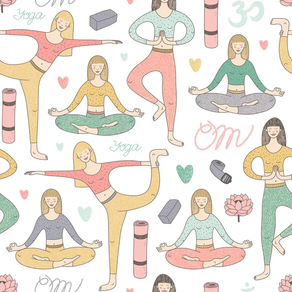 Vector patrón sin costuras con chicas lindas haciendo yoga — Archivo Imágenes Vectoriales