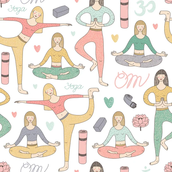 Vector seamless pattern with cute girls doing yoga — Stockový vektor