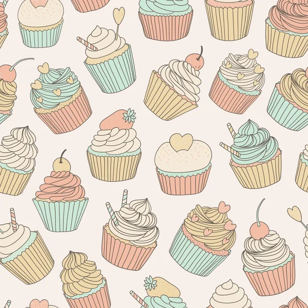 Modello senza cuciture vettoriale disegnato a mano con cupcake — Vettoriale Stock