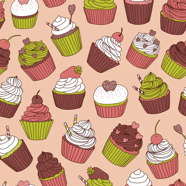 Hand drawn vector seamless pattern with cupcakes — Stock Vector