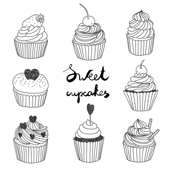 Conjunto vetor desenhado à mão com cupcakes bonitos Ilustrações De Stock Royalty-Free
