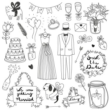 elle çizilmiş vektör düğün set