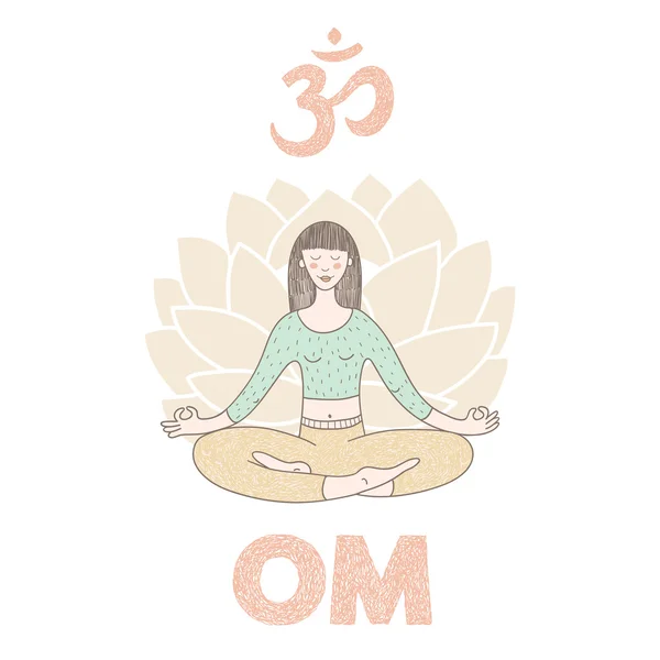 Vector hand dras illustration med en söt tjej som gör yoga — Stock vektor