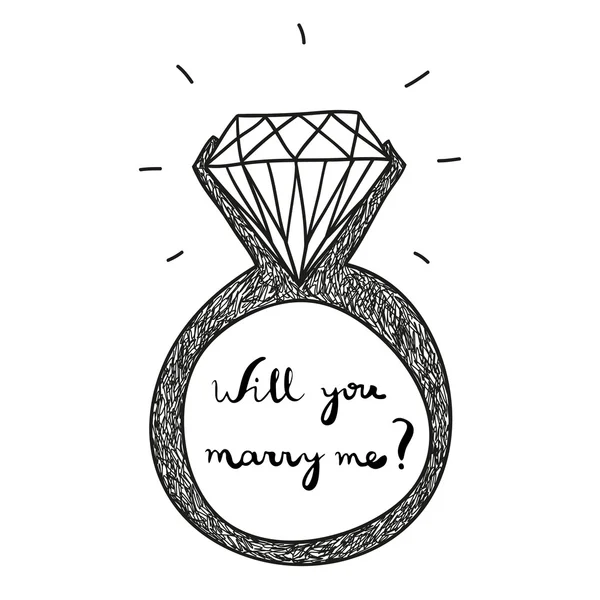 Hand drawn vector engagement ring with text will you marry me — Stock Vector