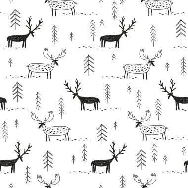 Geyikler geyiği ve ağaçları ile el çizilmiş desen vektör