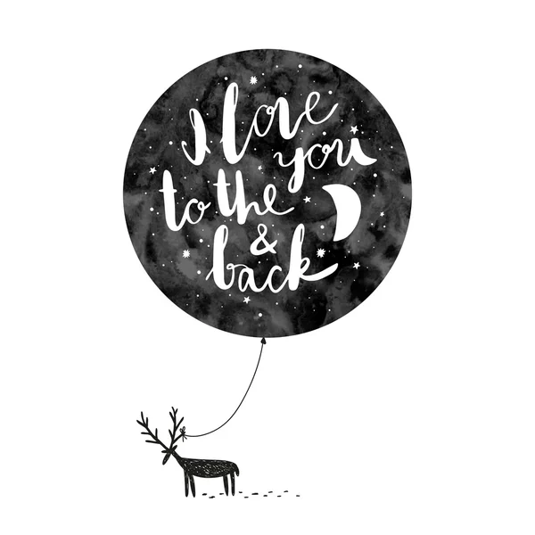 Hand drawn vector illustration with a deer, ballon and text — Stock Vector