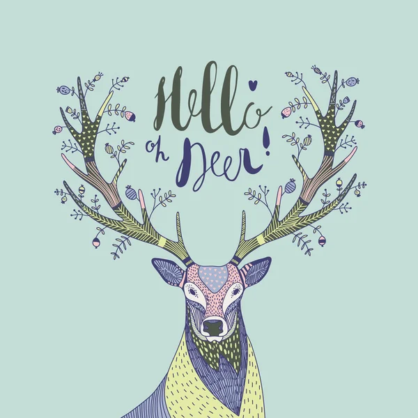 Ilustração vetorial desenhada à mão com um veado e texto Hello Deer —  Vetores de Stock