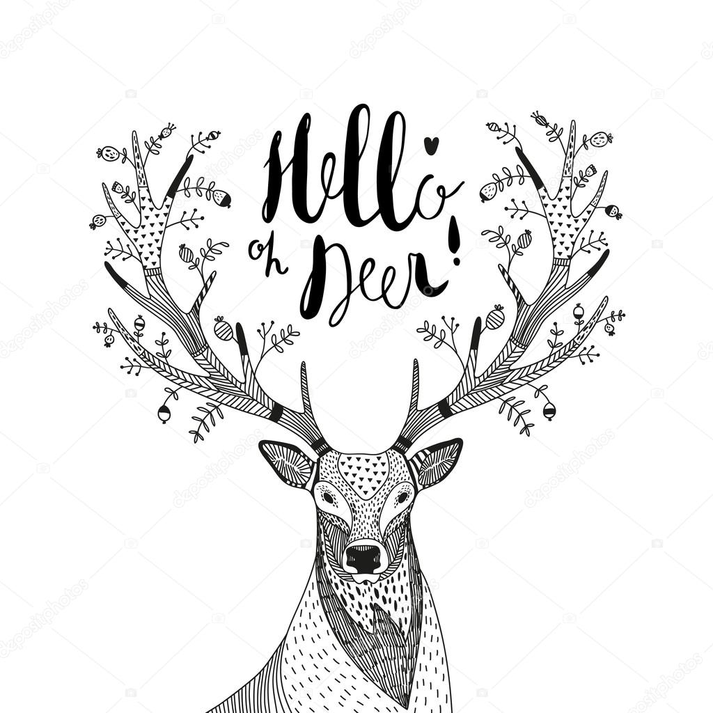 hand drawn vector illustration with a deer and tex