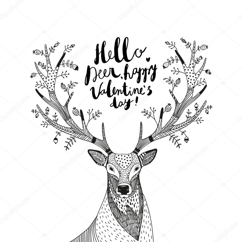 hand drawn vector illustration with a deer and text Hello Dee