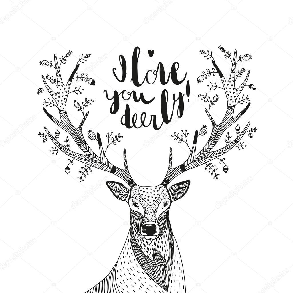 hand drawn vector illustration with a deer and text