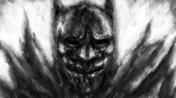 Scary drawn superhero character. Illustration in genre of comic fiction. Spooky image of beast from nightmares. Gloomy character concept. Fantasy drawing for creepy Halloween. Coal and noise effects.