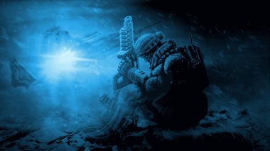 Fantastik piyade tüfeğe yaslanarak enkazın üzerine oturur. Mavi arka planda ağır uzay deniz illüstrasyonu. Düşman gezegende Geleceğin Savaşı.