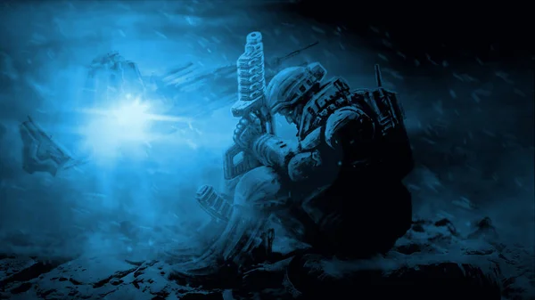 Fantastik piyade tüfeğe yaslanarak enkazın üzerine oturur. Mavi arka planda ağır uzay deniz illüstrasyonu. Düşman gezegende Geleceğin Savaşı.