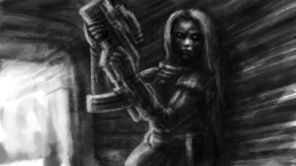 Una Chica Soldado Cuela Con Una Ametralladora Pasillo Búnker Oscuro —  Fotos de Stock